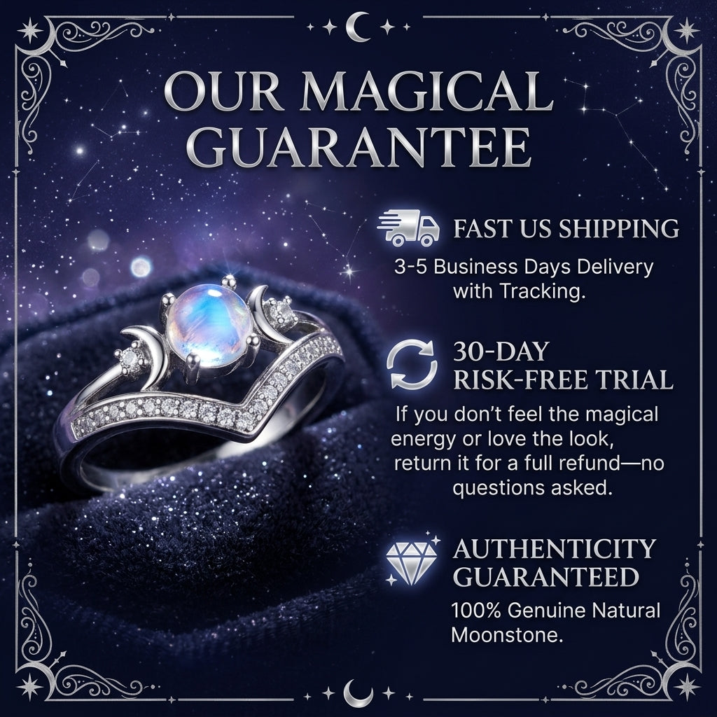 Triple Moon Goddess Shield Ring – Natural Rainbow Moonstone Set to Repel Negativity & Balance Energy
