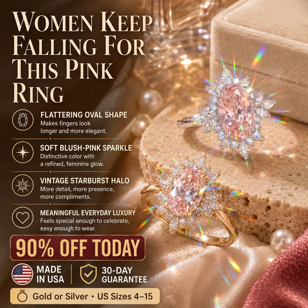 The Blush Aurora Pink Oval Moissanite Ring — A Luminous Blush Center, Flattering Oval Shape & Vintage Starburst Halo Made to Celebrate the Woman You've Become | Gold or Silver | Last Day Sale-90% OFF🔥