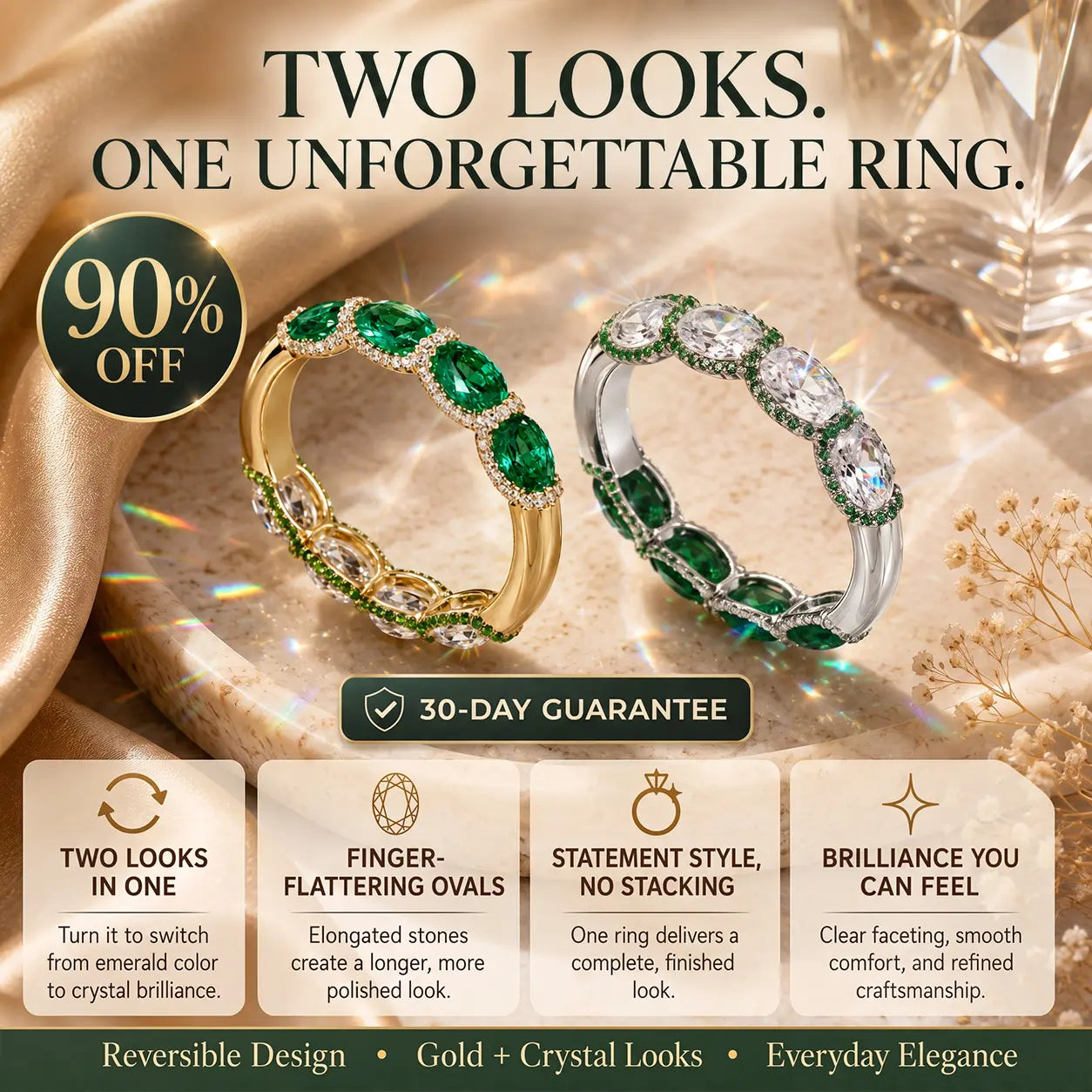 One Ring, Two Unforgettable Looks: Turn It for Vivid Green Color or Clear Moissanite Brilliance, Flatter Your Fingers & Finish Every Outfit Without Stacking | Gold or Silver | Last Day Sale-90% OFF🔥