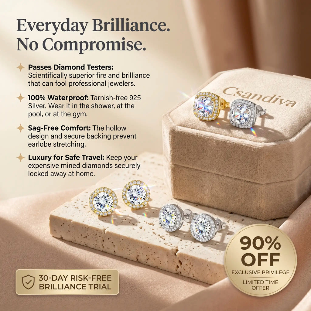 csandiva™ VVS1 Moissanite Halo Studs - Zero Droop Comfort & 100% Waterproof Brilliance | Claim 90% OFF Today🔥