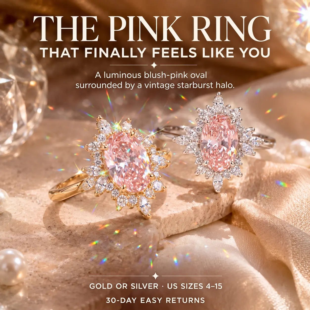 The Blush Aurora Pink Oval Moissanite Ring — A Luminous Blush Center, Flattering Oval Shape & Vintage Starburst Halo Made to Celebrate the Woman You've Become | Gold or Silver | Last Day Sale-90% OFF🔥