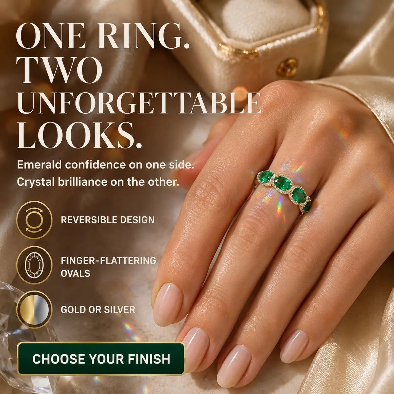 One Ring, Two Unforgettable Looks: Turn It for Vivid Green Color or Clear Moissanite Brilliance, Flatter Your Fingers & Finish Every Outfit Without Stacking | Gold or Silver | Last Day Sale-90% OFF🔥