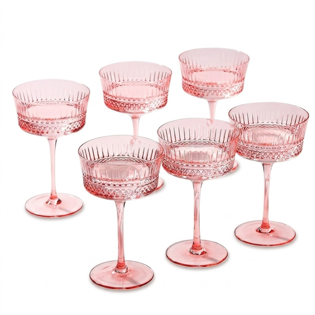 Vintage Embossed Blush Pink Glass Coupe Set (Set of 6)