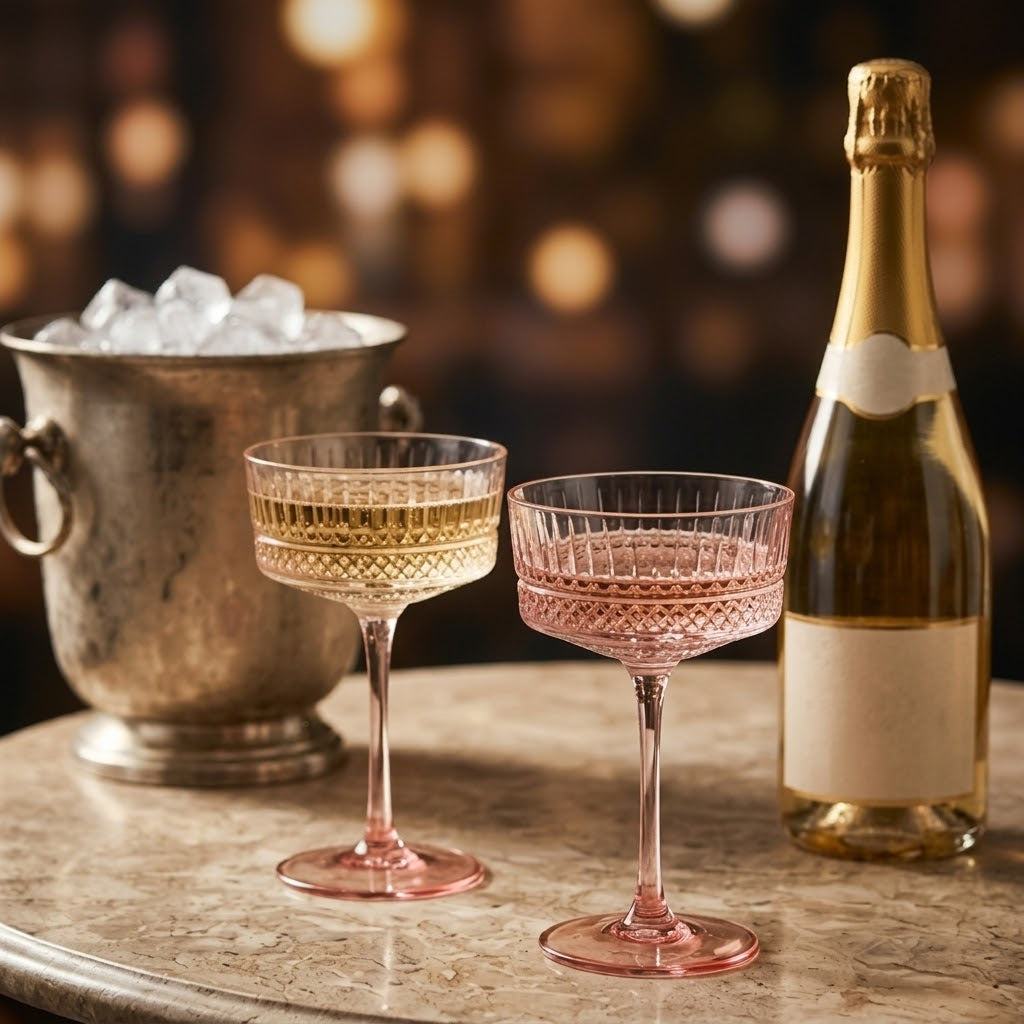 Vintage Embossed Blush Pink Glass Coupe Set (Set of 6)