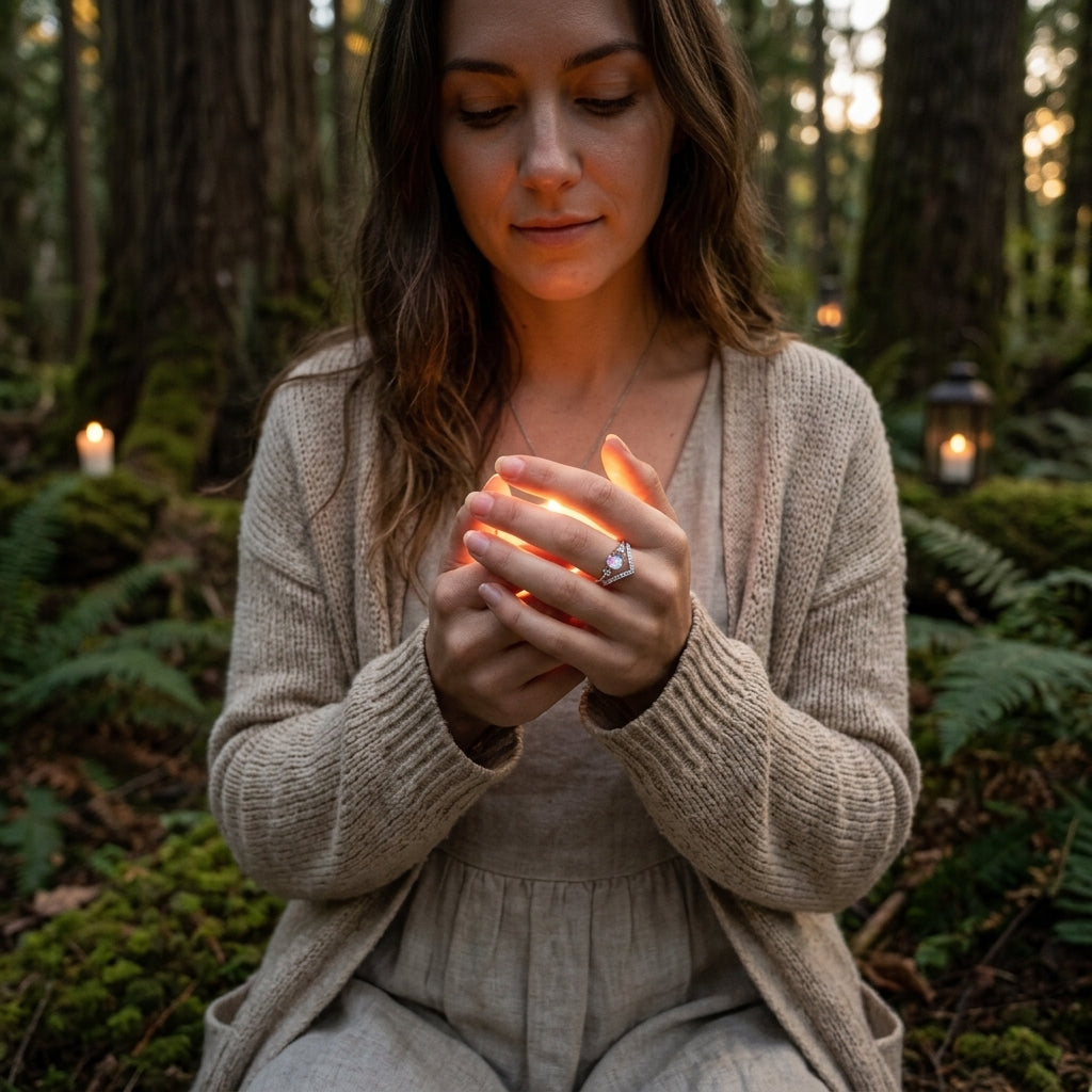 Triple Moon Goddess Shield Ring – Natural Rainbow Moonstone Set to Repel Negativity & Balance Energy