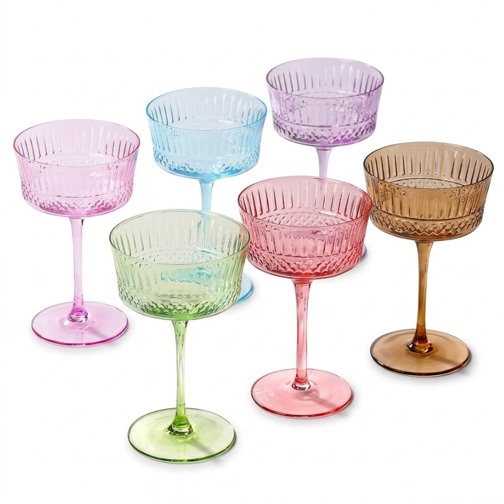 Vintage Embossed Pastel Multicolor Glass Coupe Set (Set of 6)