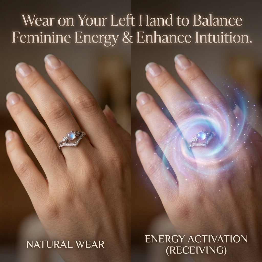 Triple Moon Goddess Shield Ring – Natural Rainbow Moonstone Set to Repel Negativity & Balance Energy