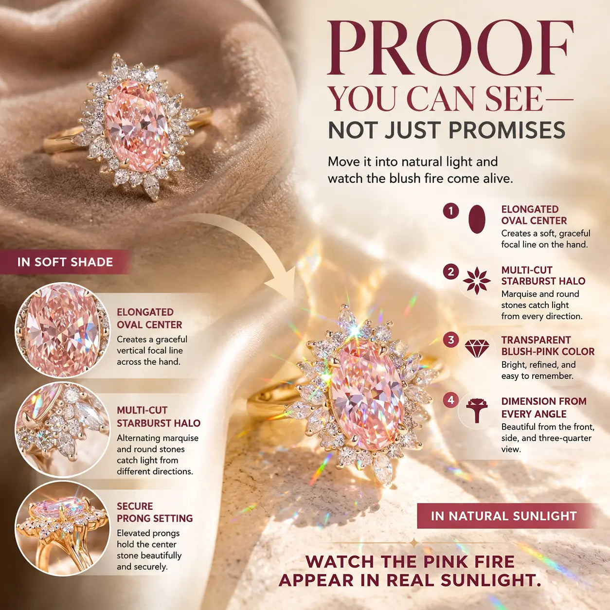 The Blush Aurora Pink Oval Moissanite Ring — A Luminous Blush Center, Flattering Oval Shape & Vintage Starburst Halo Made to Celebrate the Woman You've Become | Gold or Silver | Last Day Sale-90% OFF🔥