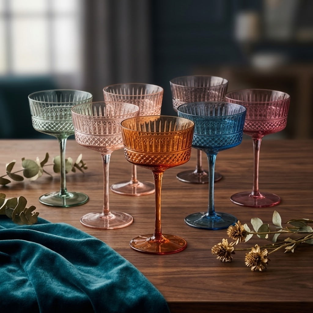 Vintage Embossed Multicolor Glass Coupe Set (Set of 6)