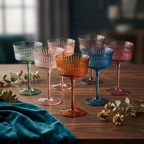 Vintage Embossed Multicolor Glass Coupe Set (Set of 6)