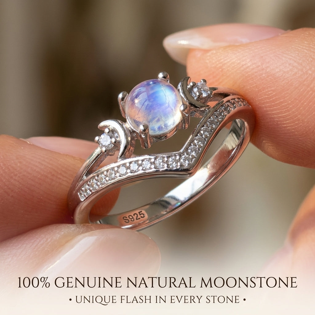 Triple Moon Goddess Shield Ring – Natural Rainbow Moonstone Set to Repel Negativity & Balance Energy