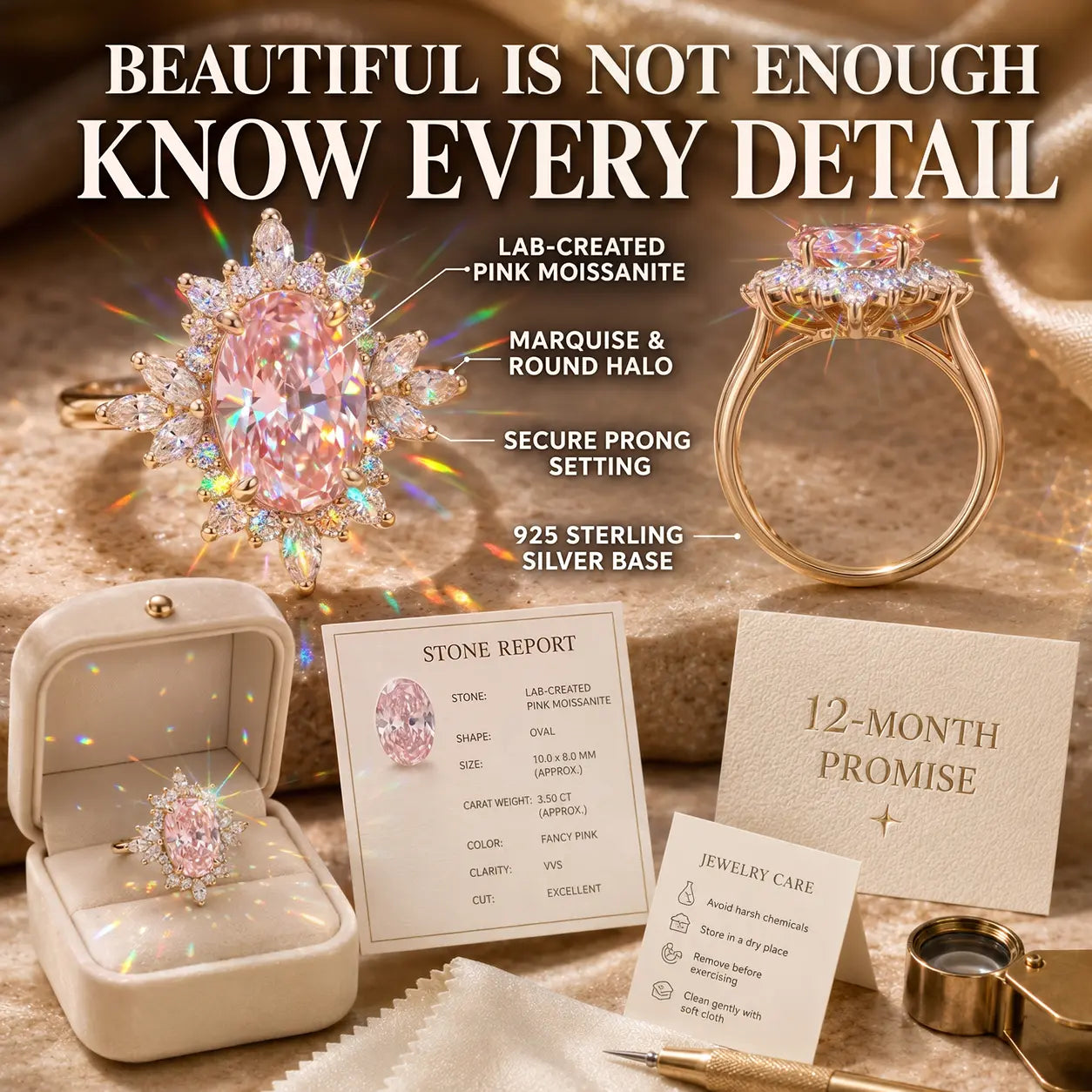 The Blush Aurora Pink Oval Moissanite Ring — A Luminous Blush Center, Flattering Oval Shape & Vintage Starburst Halo Made to Celebrate the Woman You've Become | Gold or Silver | Last Day Sale-90% OFF🔥