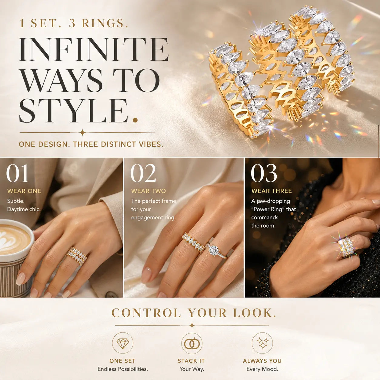 The Heiress 3-in-1 Seamless Interlocking Eternity Stack | Flawless Pear & Marquise Statement Ring Set | Waterproof Travel Decoy | Last Day 90% OFF 🔥