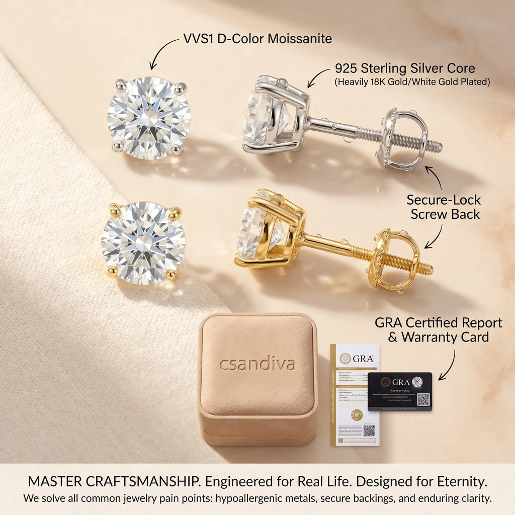 csandiva™ VVS1 Moissanite Solitaire Studs - Sag-Free Comfort & 100% Waterproof Everyday Brilliance | Claim 90% OFF Today🔥