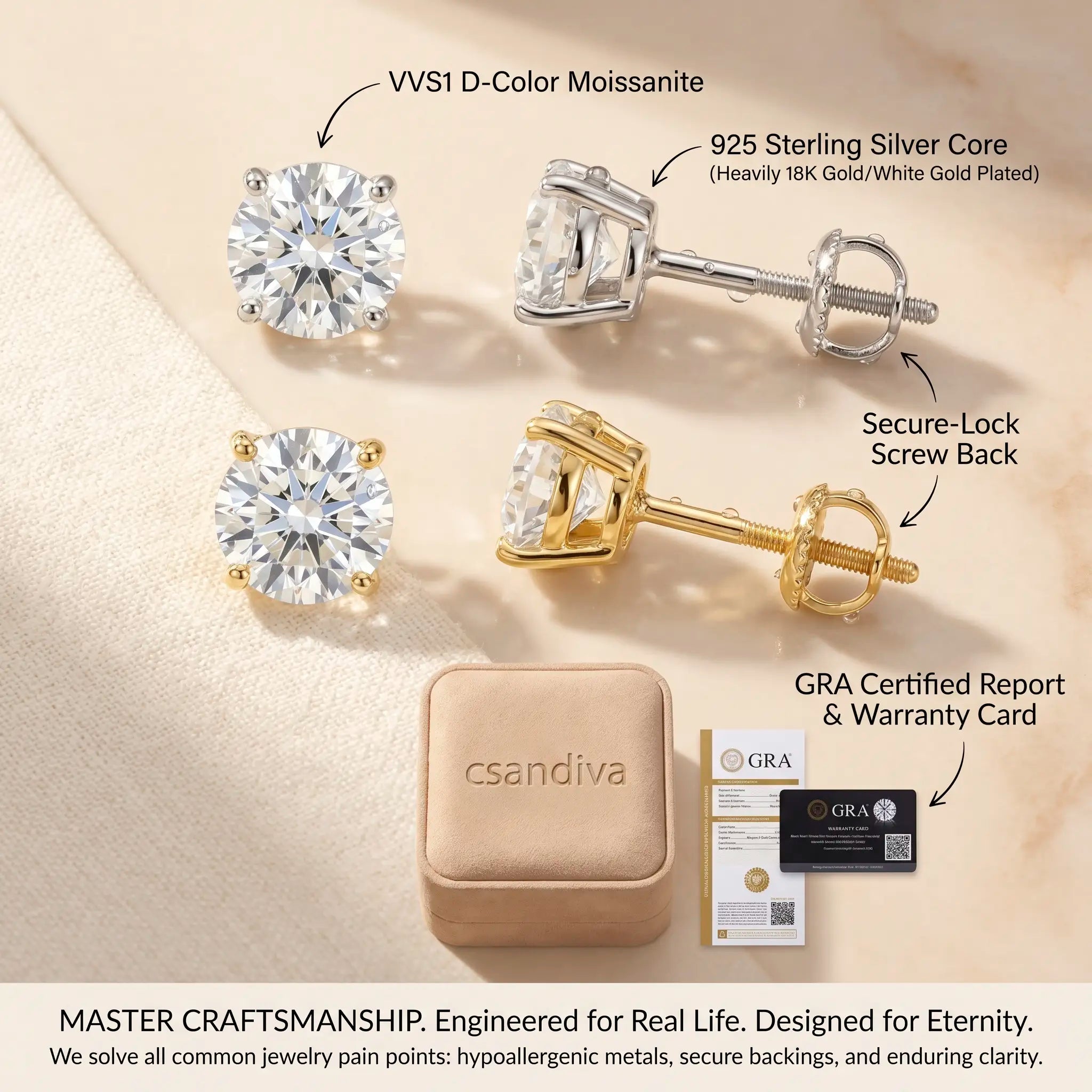 csandiva™ VVS1 Moissanite Solitaire Studs - Sag-Free Comfort & 100% Waterproof Everyday Brilliance | Claim 90% OFF Today🔥