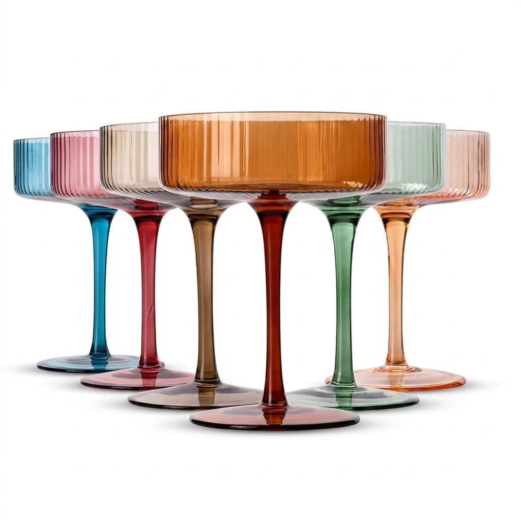 Multicolor Fluted Tall-Stem Champagne Coupe & Cocktail Glass Set - 6 Mixed Colors