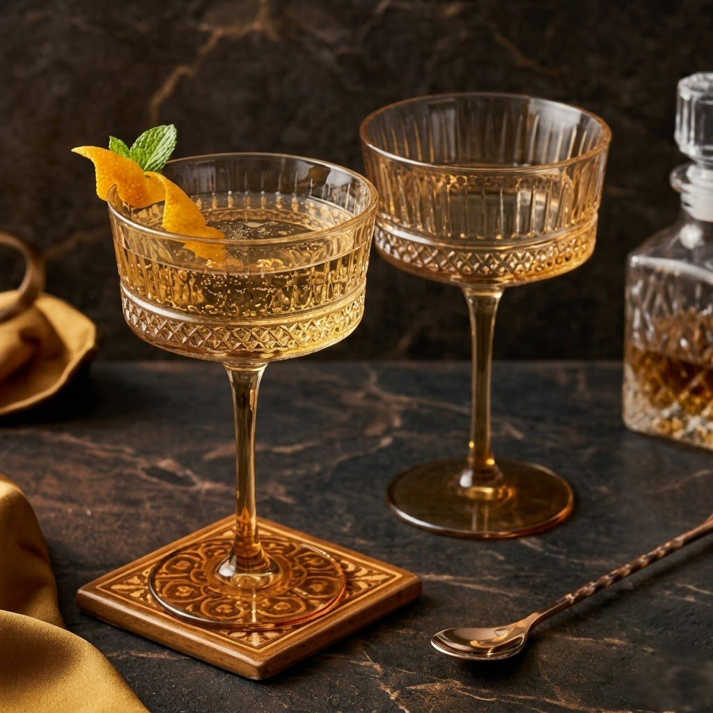 Vintage Embossed Amber Glass Coupe Set (Set of 6)