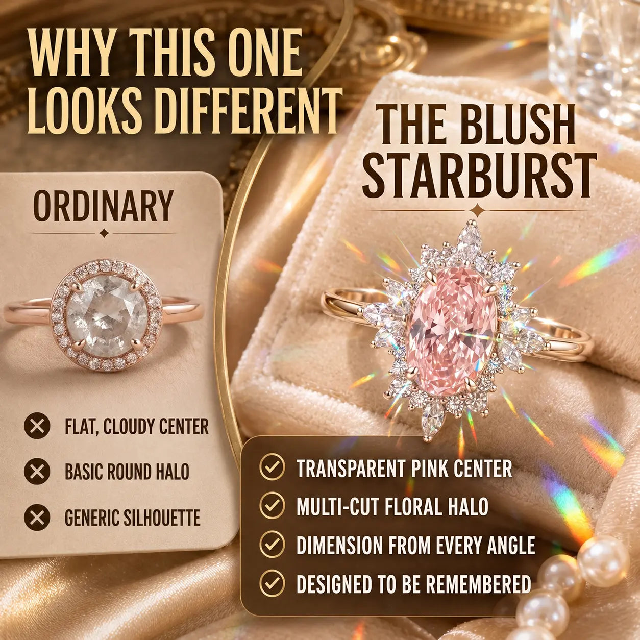 The Blush Aurora Pink Oval Moissanite Ring — A Luminous Blush Center, Flattering Oval Shape & Vintage Starburst Halo Made to Celebrate the Woman You've Become | Gold or Silver | Last Day Sale-90% OFF🔥