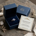 Triple Moon Goddess Shield Ring – Natural Rainbow Moonstone Set to Repel Negativity & Balance Energy