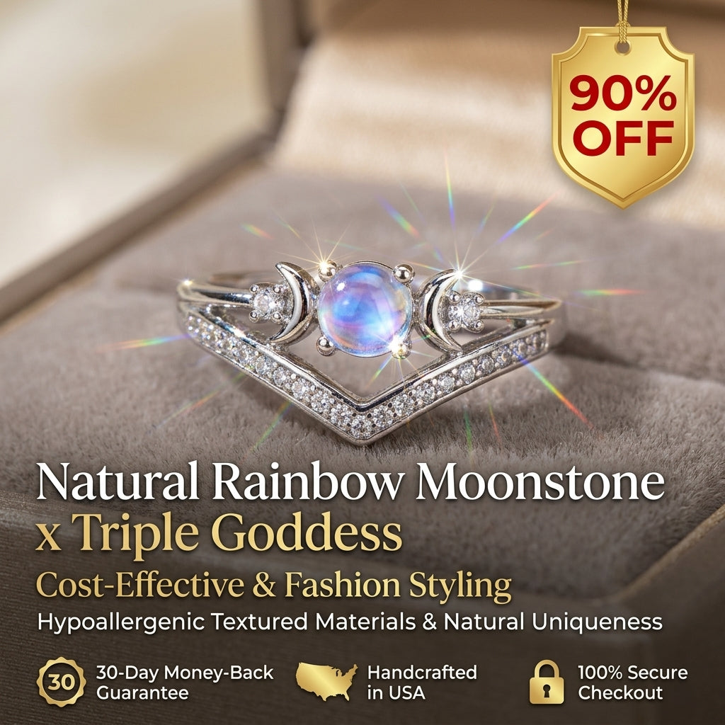Triple Moon Goddess Shield Ring – Natural Rainbow Moonstone Set to Repel Negativity & Balance Energy