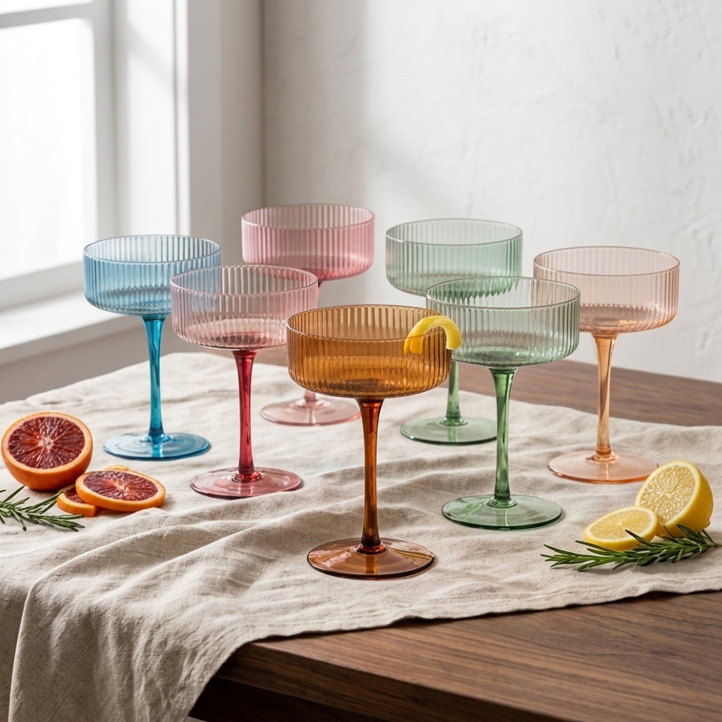 Multicolor Fluted Tall-Stem Champagne Coupe & Cocktail Glass Set - 6 Mixed Colors
