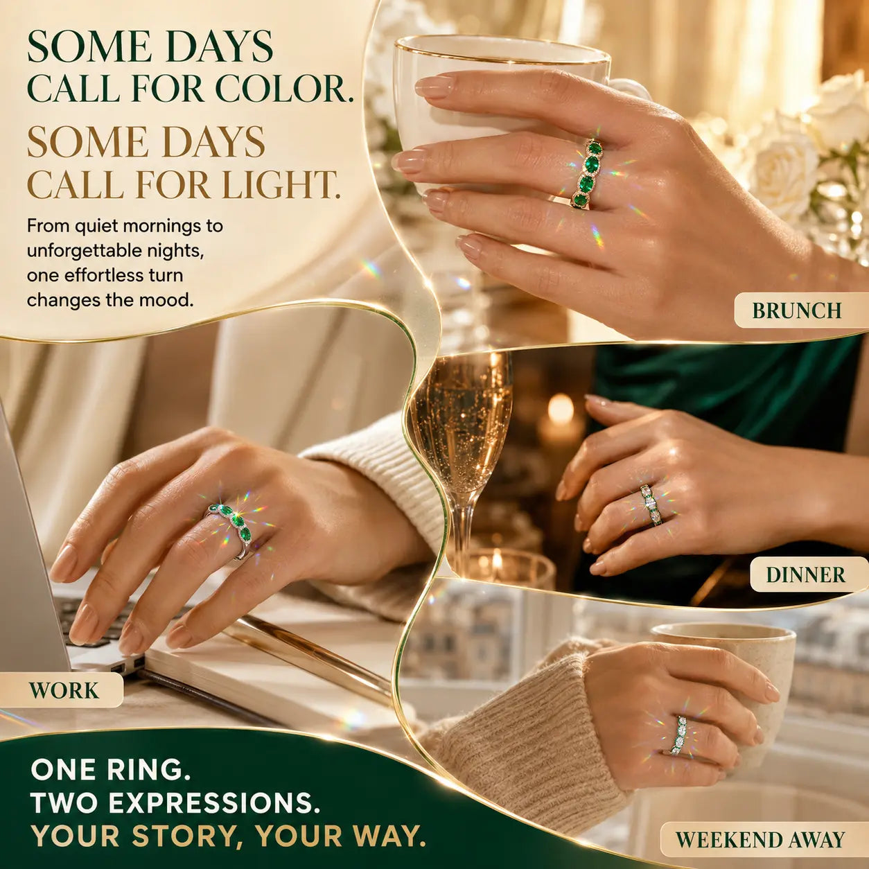 One Ring, Two Unforgettable Looks: Turn It for Vivid Green Color or Clear Moissanite Brilliance, Flatter Your Fingers & Finish Every Outfit Without Stacking | Gold or Silver | Last Day Sale-90% OFF🔥