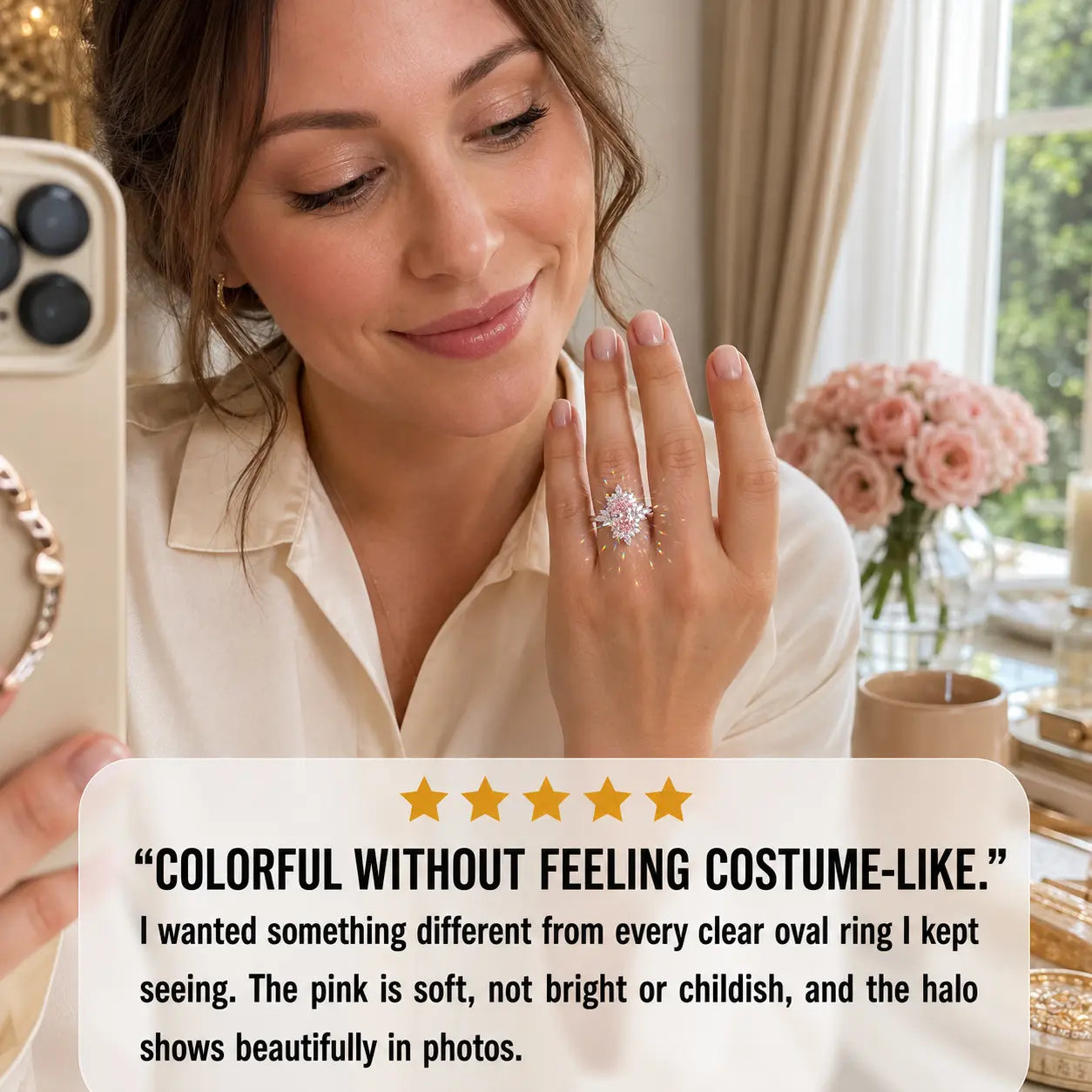 The Blush Aurora Pink Oval Moissanite Ring — A Luminous Blush Center, Flattering Oval Shape & Vintage Starburst Halo Made to Celebrate the Woman You've Become | Gold or Silver | Last Day Sale-90% OFF🔥