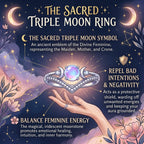 Triple Moon Goddess Shield Ring – Natural Rainbow Moonstone Set to Repel Negativity & Balance Energy