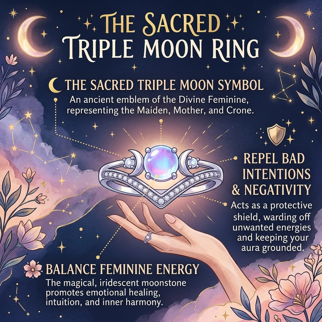 Triple Moon Goddess Shield Ring – Natural Rainbow Moonstone Set to Repel Negativity & Balance Energy