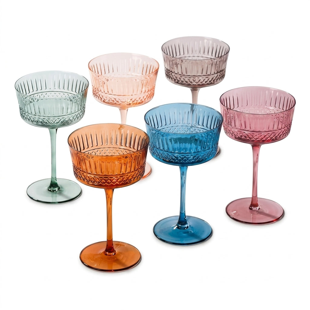 Vintage Embossed Multicolor Glass Coupe Set (Set of 6)