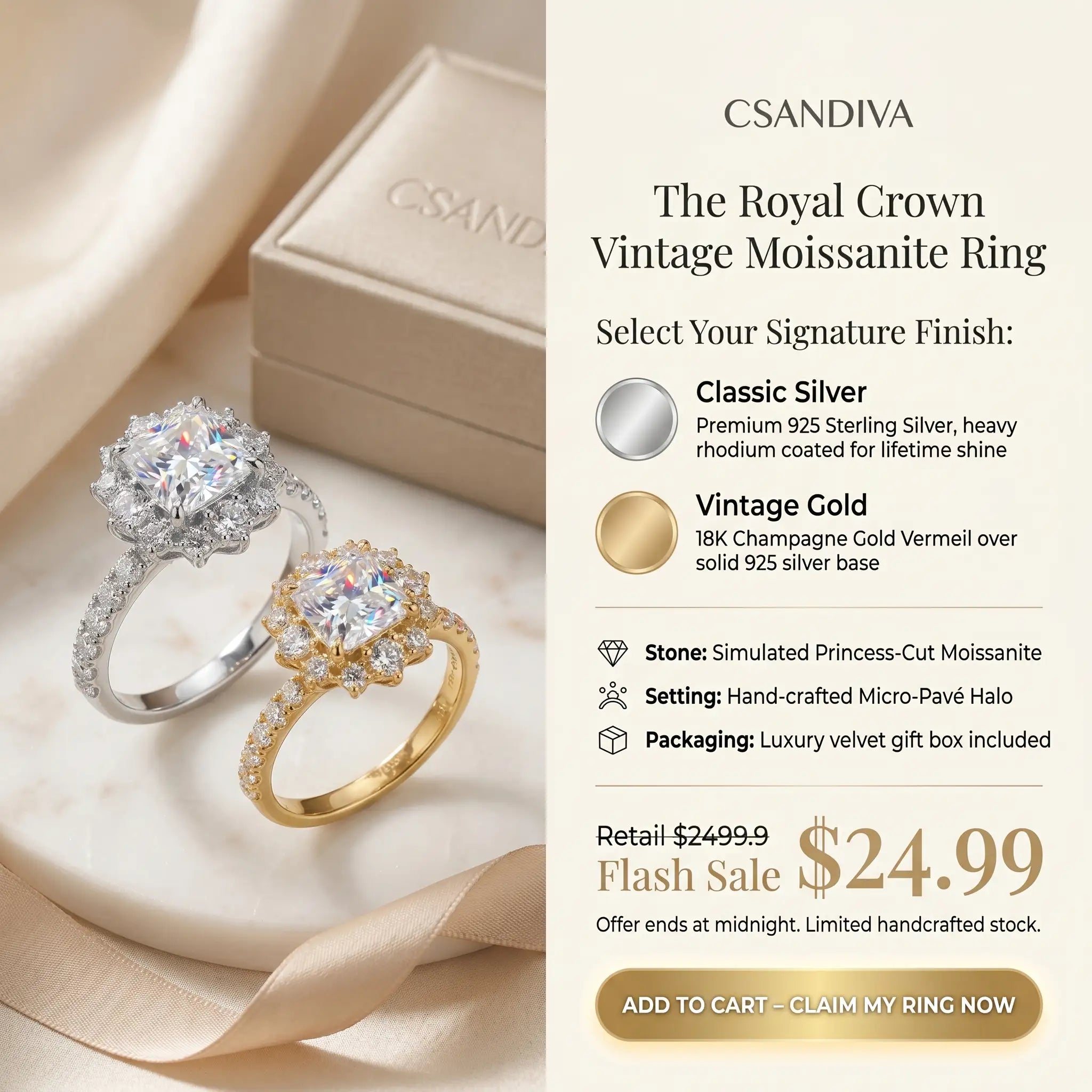 Csandiva™ Hand-Forged Vintage Moissanite Crown Ring | Butter-Smooth Micro-Pavé, Hypoallergenic Elegance | 90% OFF Last Day 🔥