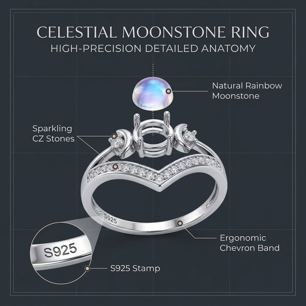 Triple Moon Goddess Shield Ring – Natural Rainbow Moonstone Set to Repel Negativity & Balance Energy