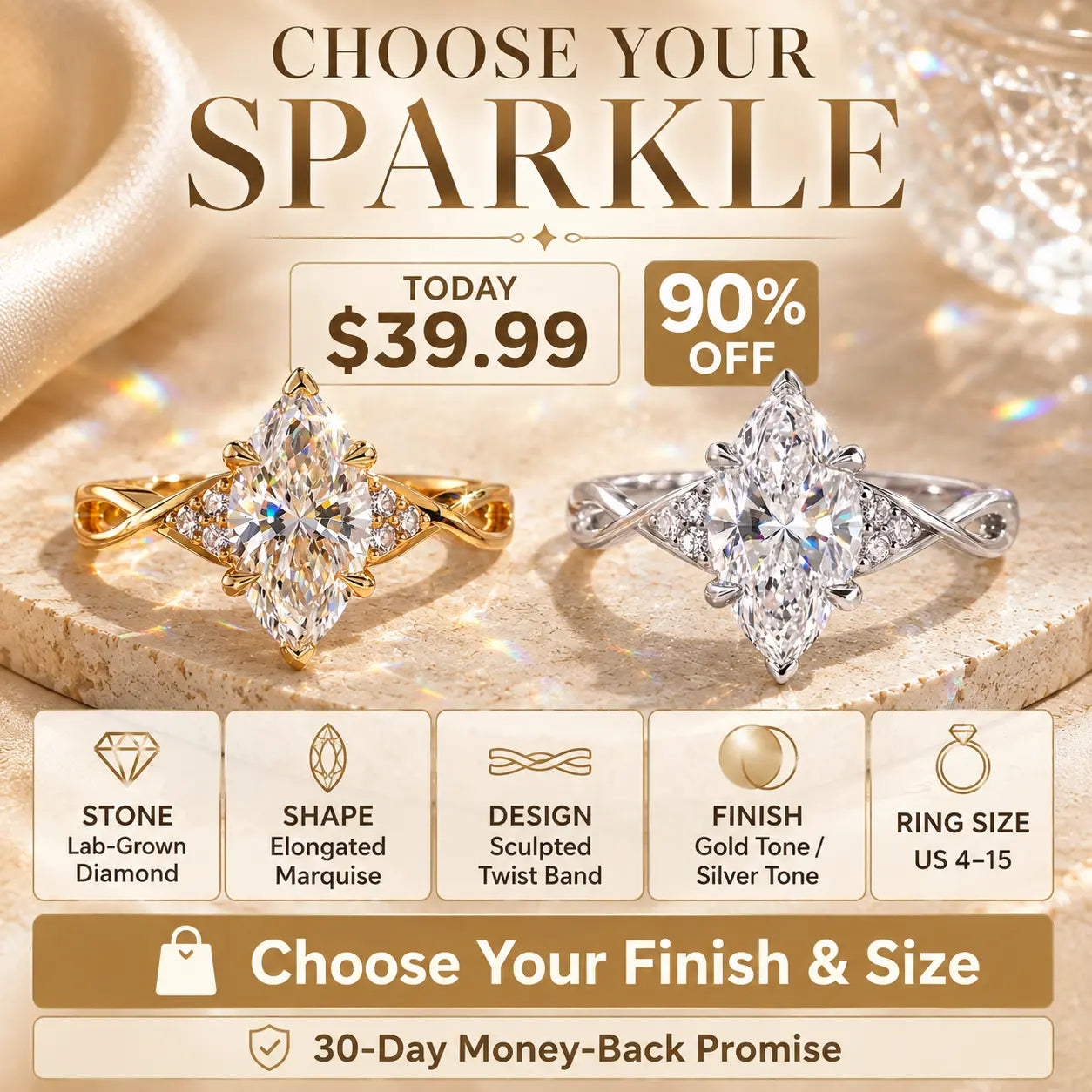The Marquise That Makes Every Hand Look More Elegant — Brilliant Lab-Grown Diamond Twist Ring for Everyday Sparkle | Gold or Silver | Last Day Sale-90% OFF🔥