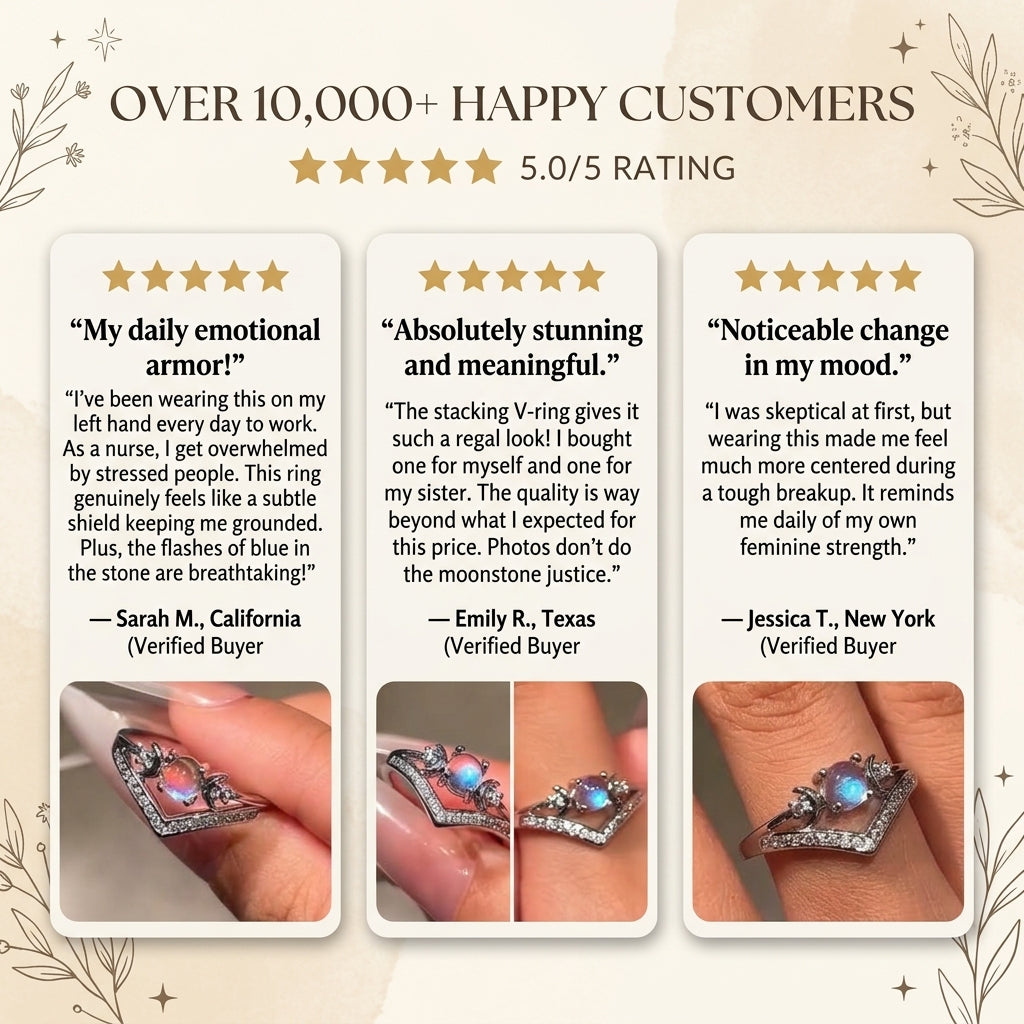 Triple Moon Goddess Shield Ring – Natural Rainbow Moonstone Set to Repel Negativity & Balance Energy
