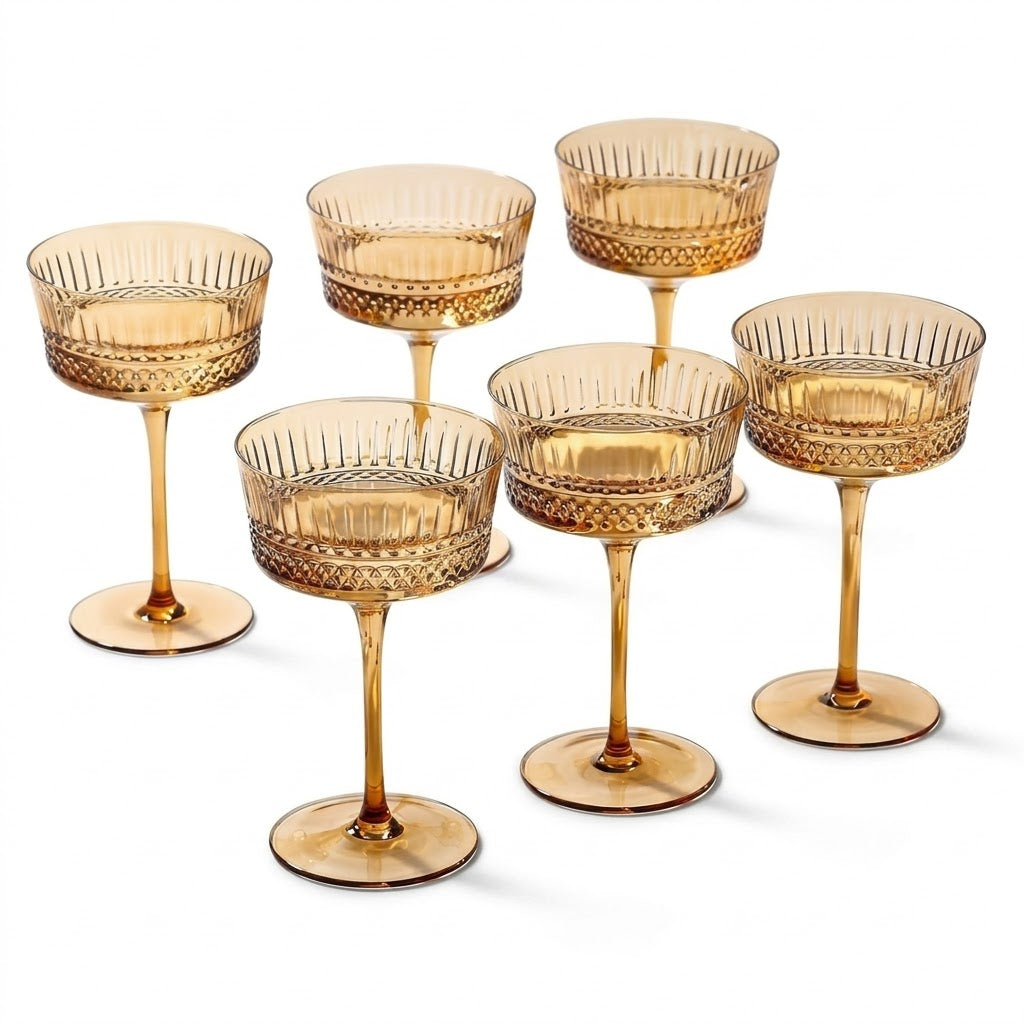 Vintage Embossed Amber Glass Coupe Set (Set of 6)
