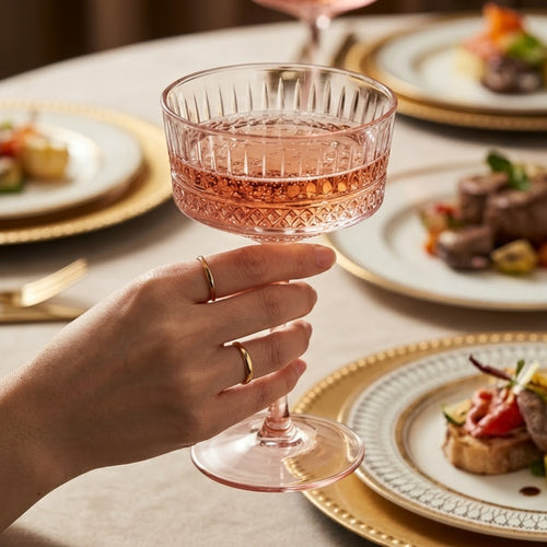 Vintage Embossed Blush Pink Glass Coupe Set (Set of 6)