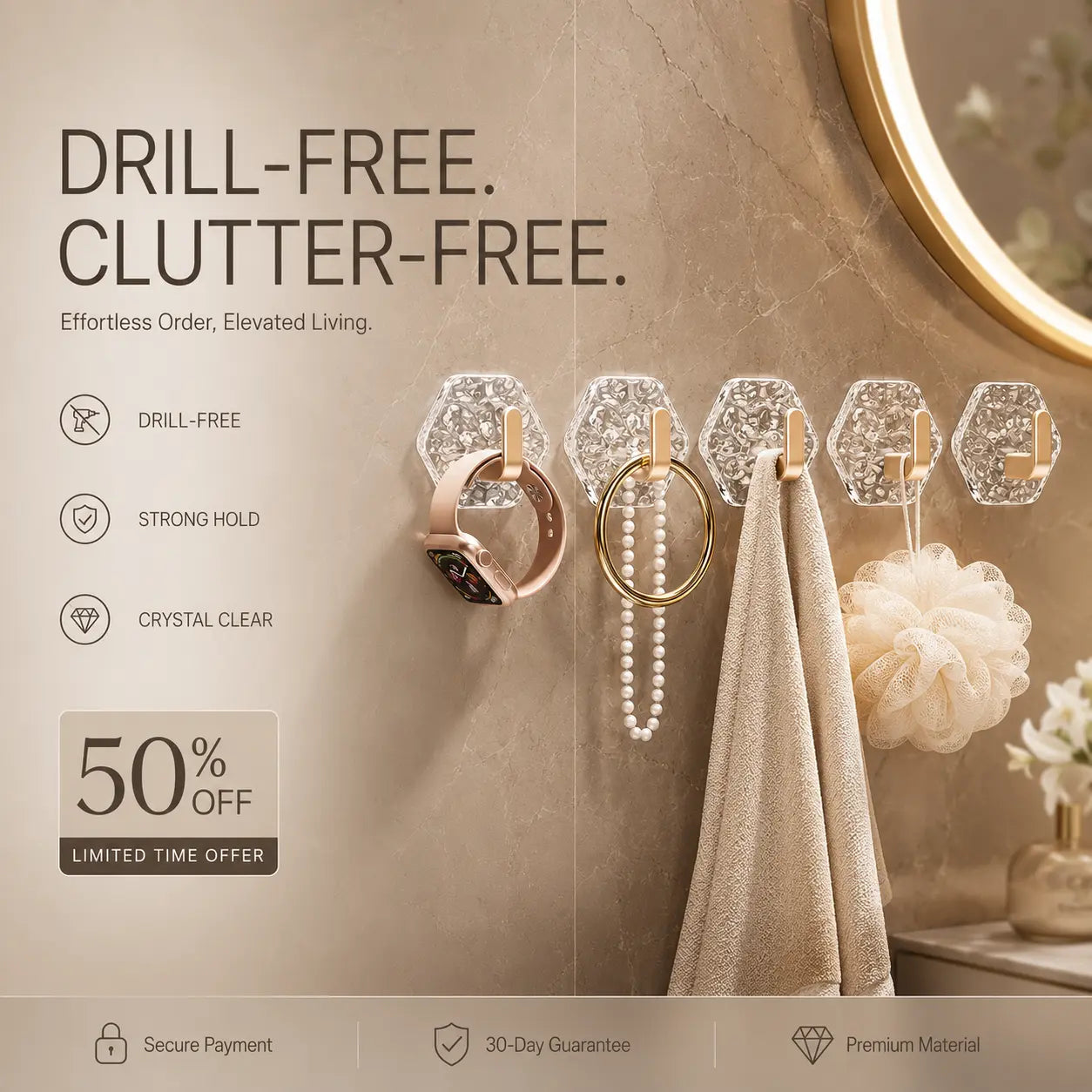 Drill-Free Crystal Wall Hooks – Strong Hold, Elegant Storage | Last Day 50% OFF 🔥