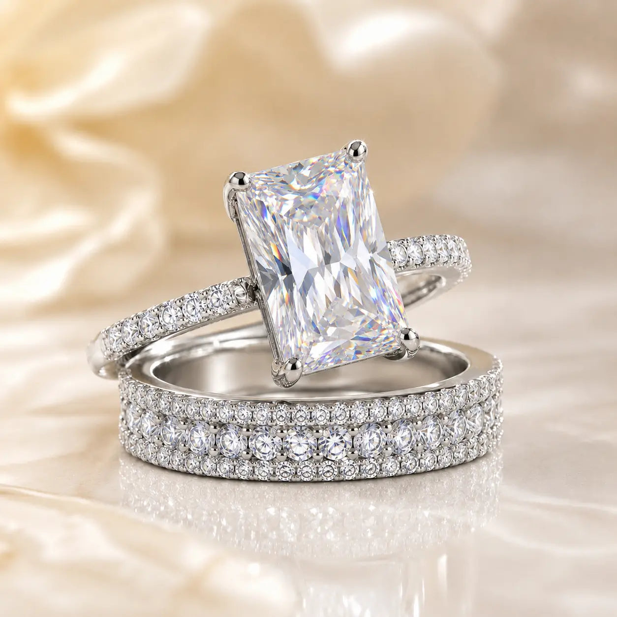 6CT Radiant Moissanite Ring Set – Large-Carat 2-Piece Stackable Ring With Matching 3-Row Band, Silver & 14K Gold Options | Last Day 90% OFF 🔥