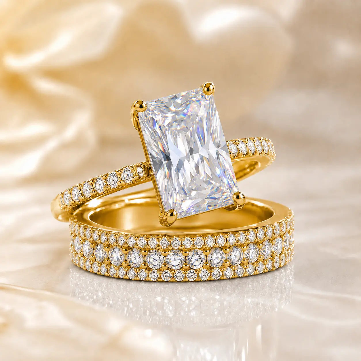 6CT Radiant Moissanite Ring Set – Large-Carat 2-Piece Stackable Ring With Matching 3-Row Band, Silver & 14K Gold Options | Last Day 90% OFF 🔥