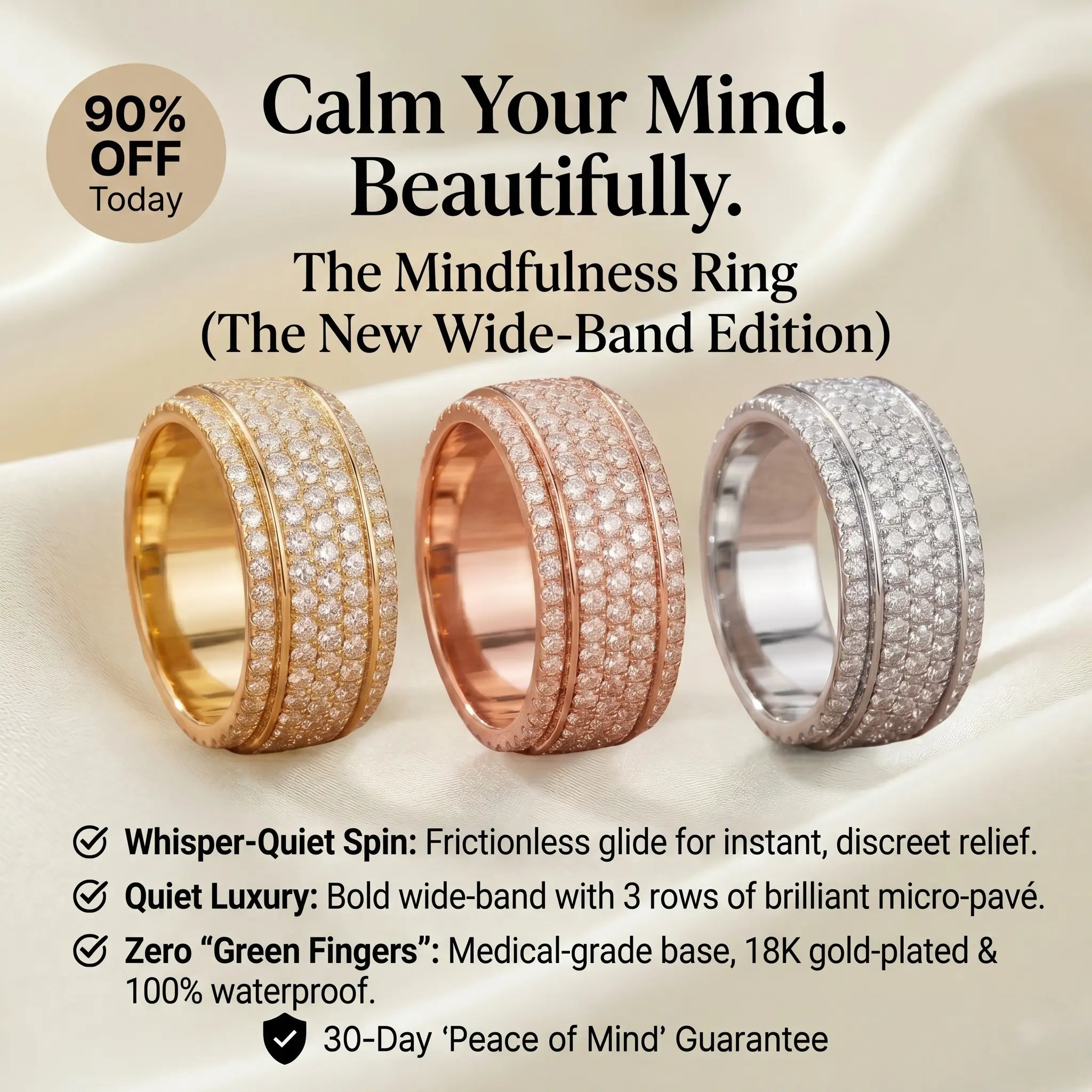 The Ultimate Statement of Calm. Beautifully Crafted. Meet the All-New Wide-Band Pavé Mindfulness Ring. 🔥 Launch Special - 90% OFF Today Only 🔥