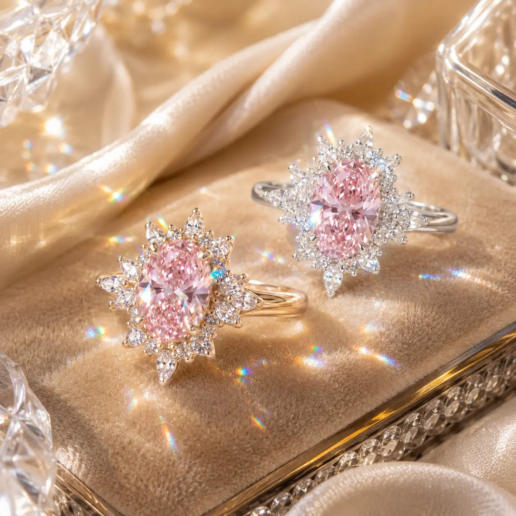 The Blush Aurora Pink Oval Moissanite Ring — A Luminous Blush Center, Flattering Oval Shape & Vintage Starburst Halo Made to Celebrate the Woman You've Become | Gold or Silver | Last Day Sale-90% OFF🔥