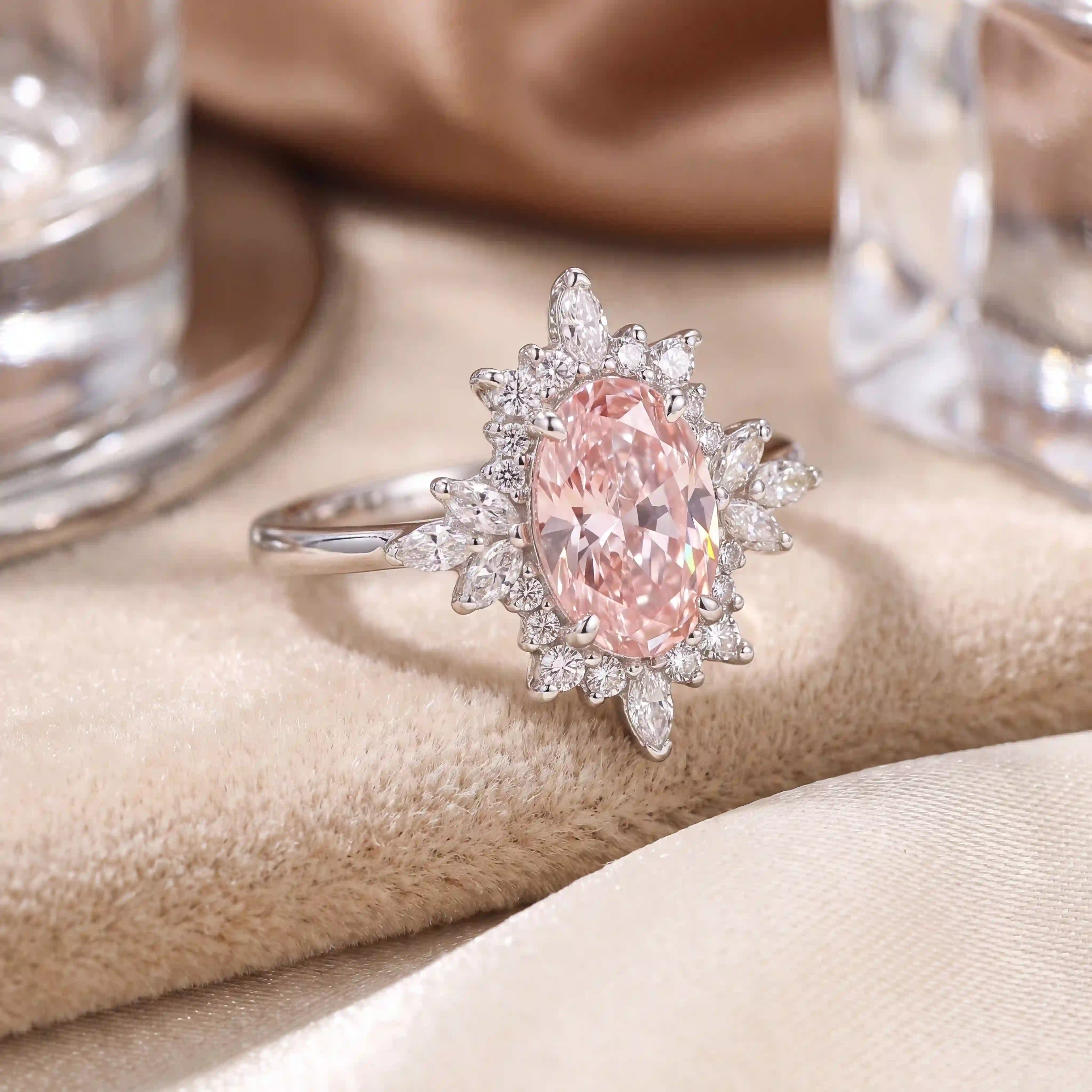 The Blush Aurora Pink Oval Moissanite Ring — A Luminous Blush Center, Flattering Oval Shape & Vintage Starburst Halo Made to Celebrate the Woman You've Become | Gold or Silver | Last Day Sale-90% OFF🔥
