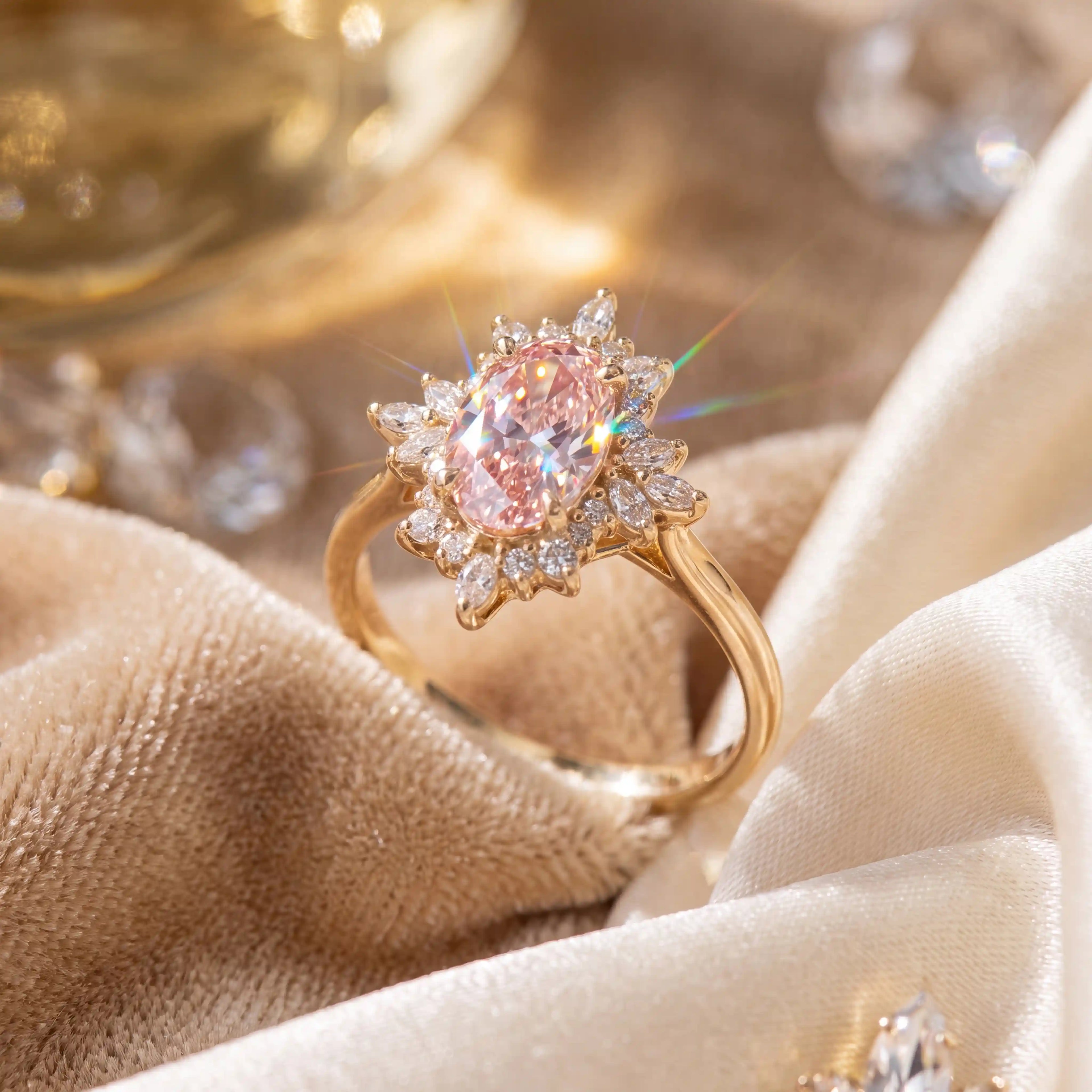 The Blush Aurora Pink Oval Moissanite Ring — A Luminous Blush Center, Flattering Oval Shape & Vintage Starburst Halo Made to Celebrate the Woman You've Become | Gold or Silver | Last Day Sale-90% OFF🔥