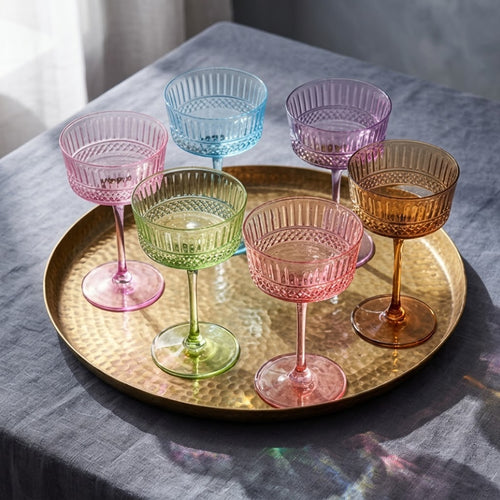 Vintage Embossed Pastel Multicolor Glass Coupe Set (Set of 6)