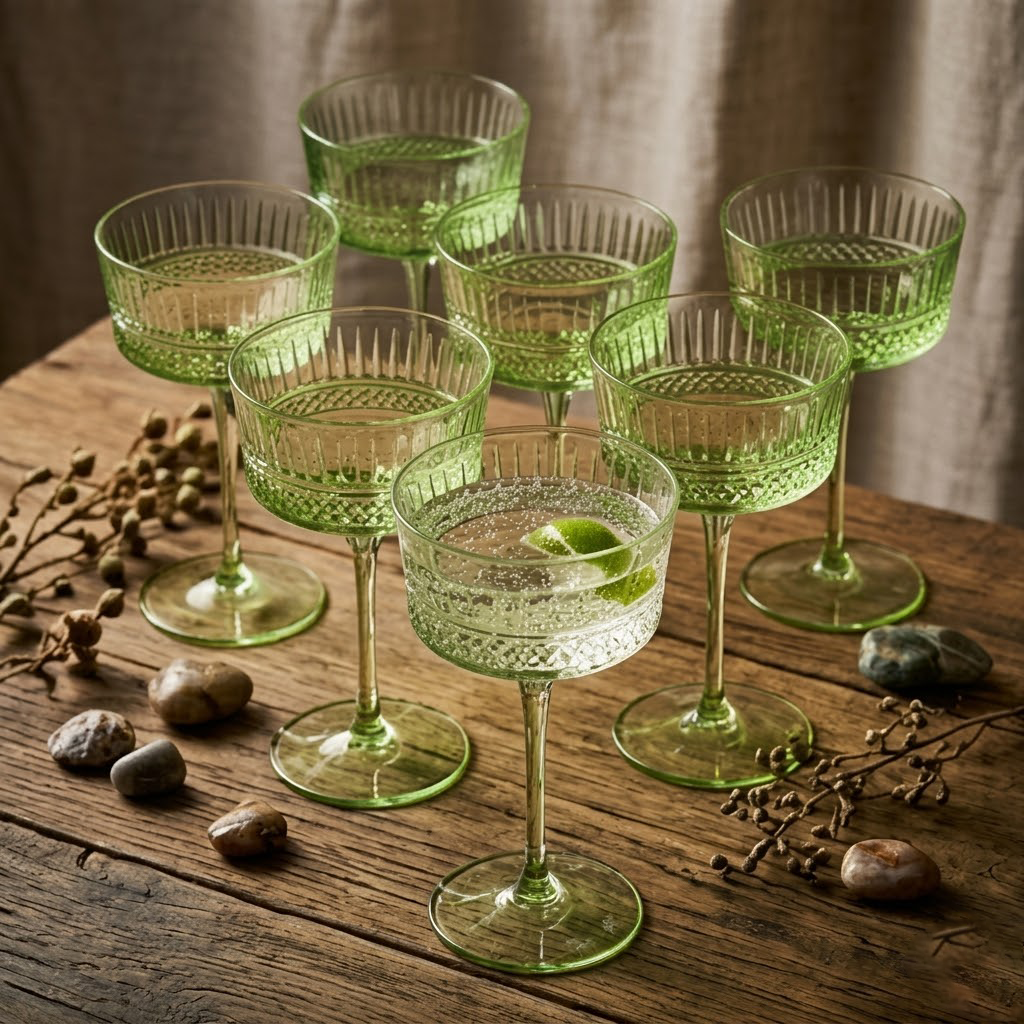 Vintage Embossed Mint Green Glass Coupe Set (Set of 6)