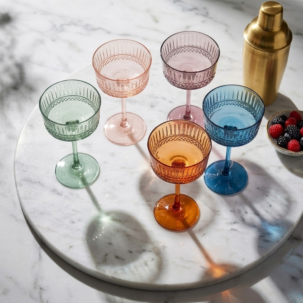 Vintage Embossed Multicolor Glass Coupe Set (Set of 6)