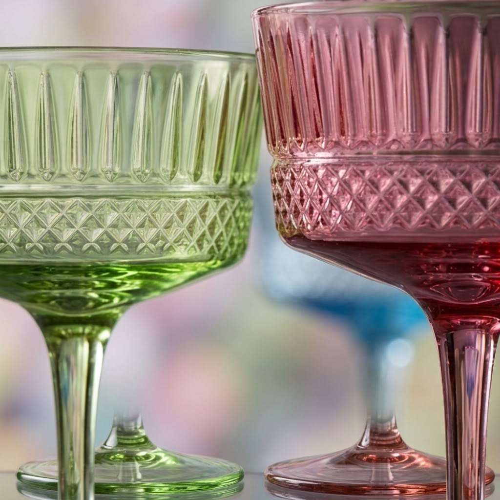 Vintage Embossed Pastel Multicolor Glass Coupe Set (Set of 6)
