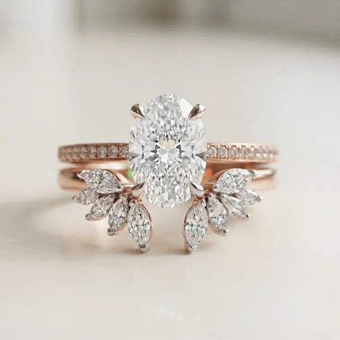 Oval Moissanite Bridal Ring Set | 2-in-1 Stackable Enhancer Band in 14K Gold--Last Day Sale-90% OFF🔥