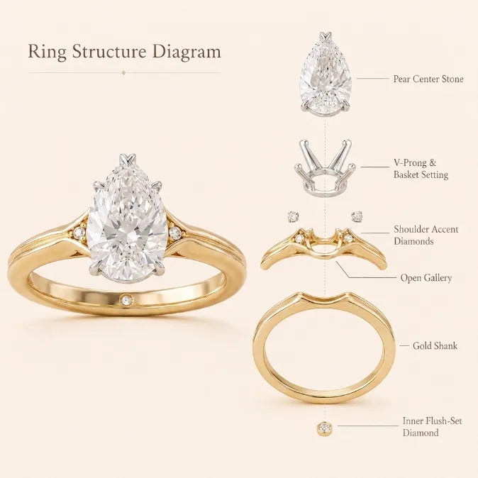 Luxurious Pear-Cut Moissanite Ring | 18K Two-Tone Gold Band with Snag-Free V-Prong | Passes Diamond Tester--Last Day Sale-90% OFF🔥