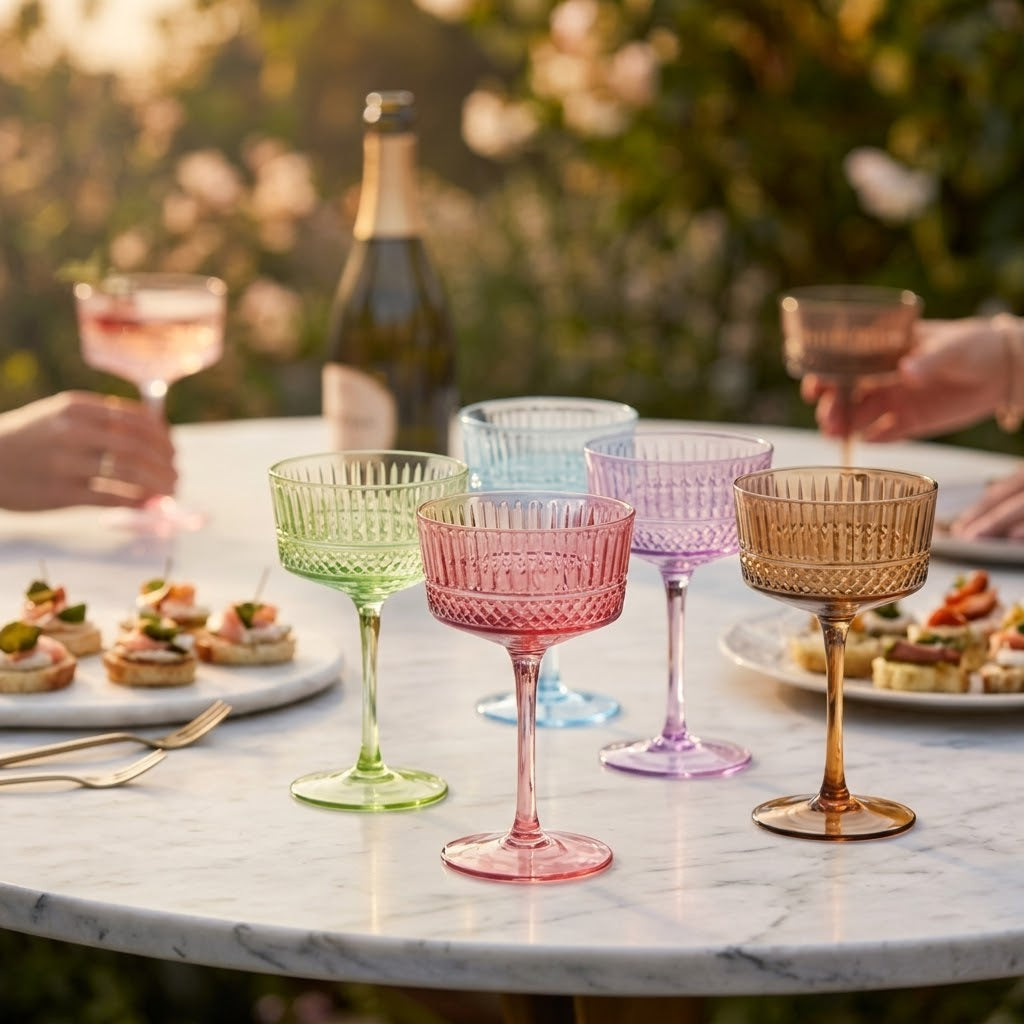 Vintage Embossed Pastel Multicolor Glass Coupe Set (Set of 6)